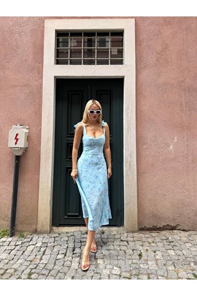 NEW JOURNAL Γυναικείο μπλε φόρεμα μίντι με δέσιμο στους ώμους και επένδυση YE...