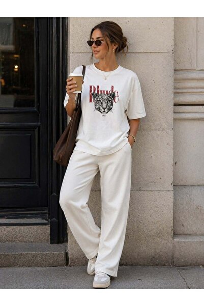 Moda Asrın Kadın %100 Pamuk Oversize Bisiklet Yaka Beyaz T-Shirt Kaplan