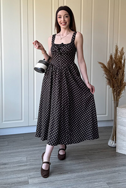 Dilay Gökoğlu Butik Πουά Φόρεμα με τιράντες σε καφέ μίντι μήκος