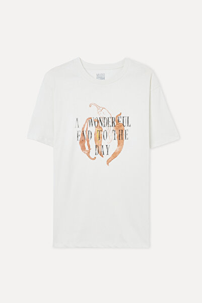 Mudo Erkek Kırık Beyaz Baskılı Loose Fit Bisiklet Yaka T-Shirt