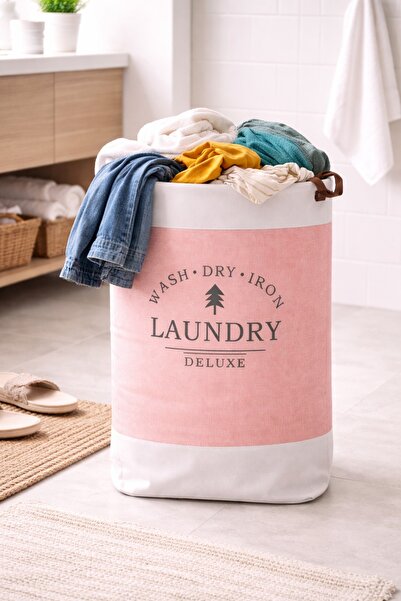 OEM Πτυσσόμενο καλάθι ρούχων Deluxe για υφάσματα, 35 x 55 εκ., με δερμάτινες ...