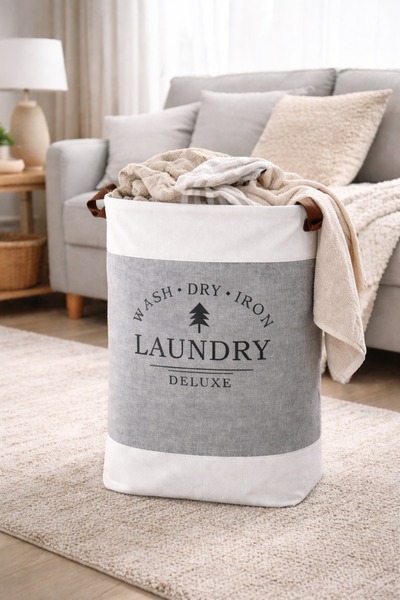 OEM Πτυσσόμενο καλάθι ρούχων Deluxe για υφάσματα, 35 x 55 εκ., με δερμάτινες ...