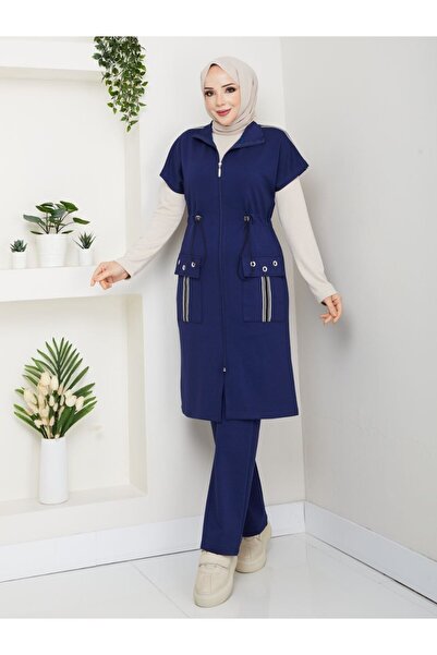 moda4b Kadın 3 Parça Oysho Kumaş Kolsuz Uzun Yelekli Eşofman Takımı Fermuarlı...