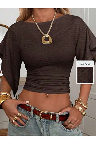 MOONBULL Women's Boat Neck Side Gathered Asymmetrical Sleeve Detailed Crop Bl...