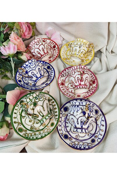 BY.RAYKA PORSELEN El Dekor Beliz Porcelain Hand Painted 6 Cup Set