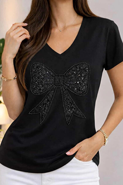 Bİ.GİYSEN Women's Black V-Neck Front Bow Embroidered 100% Cotton Combed Fabri...