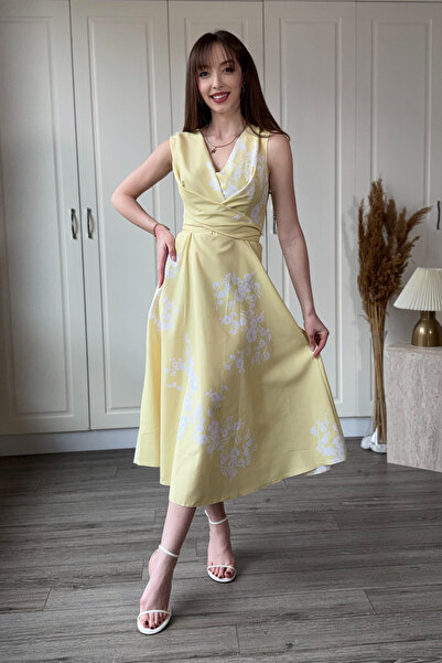 Dilay Gökoğlu Butik Κεντημένο με λουλούδια διπλόπετο μίντι κίτρινο φόρεμα