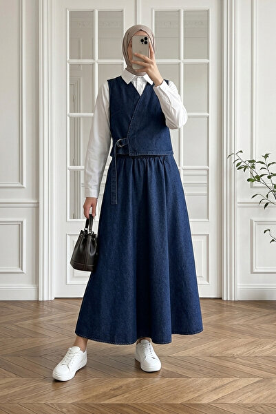 MODAQU طقم سترة وتنورة جينز برباط جانبي - أزرق داكن