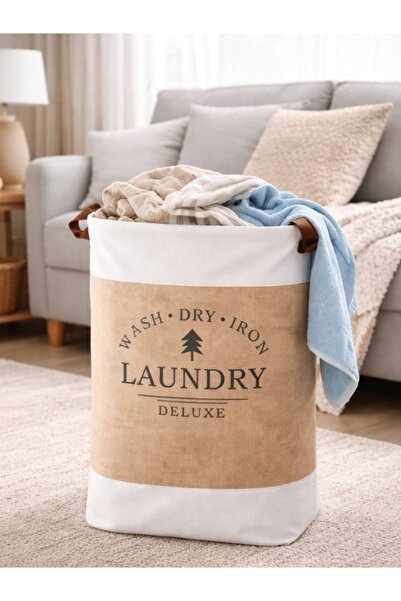 OEM Πτυσσόμενο καλάθι ρούχων Deluxe για υφάσματα, 35 x 55 εκ., με δερμάτινες ...