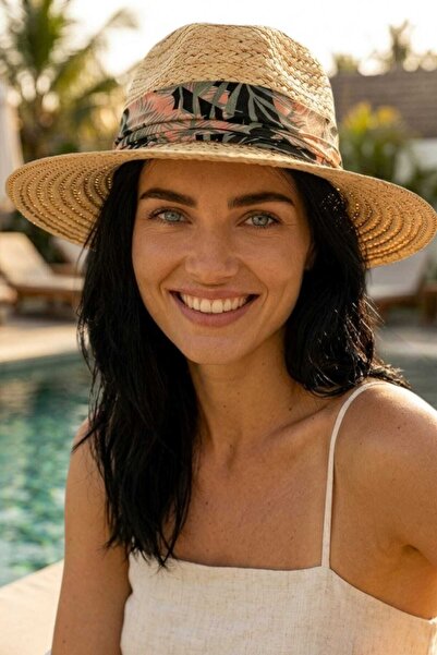 Mood Agenda Γυναικείο ψάθινο καπέλο Fedora με μοτίβο και λεπτομέρεια κορδέλας...