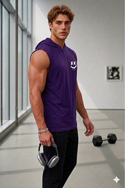 NO 601 Men's Purple Hooded Sleeveless Undershirt Smiley Printed Tshirt
