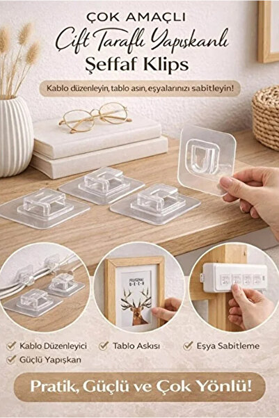 TUMU LIFE 10 Çift Geçmeli Çift Taraflı Yapışkanlı Klips Eşya Sabitleme Askısı...