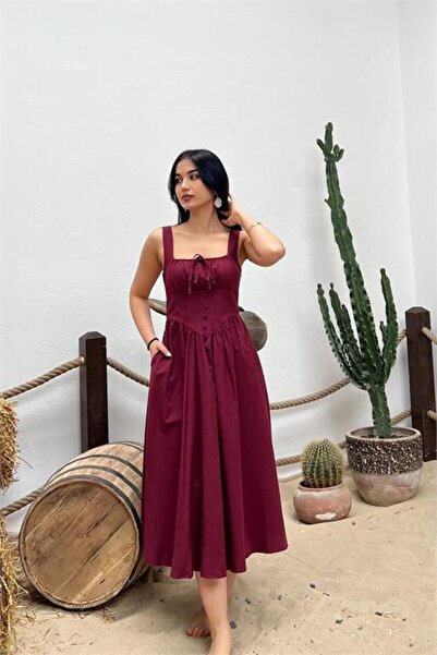 Neşeli Butik Γυναικείο μπορντό φόρεμα με χοντρό λουράκι, τετράγωνο γιακά και ...