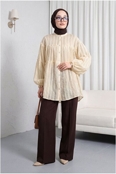 Modamorfo Τουνίκ με όρθιο γιακά, ριγέ, με μανίκια μπαλόνι, oversized, από ύφα...