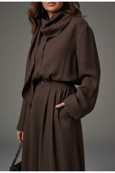 Lia Scarf Collar Shirt & Trousers Premium Tencel Set Brown