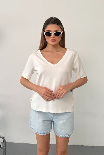 GİYSA Women's V-Neck Modal Fabric Basic T-Shirt White - Ms0001587