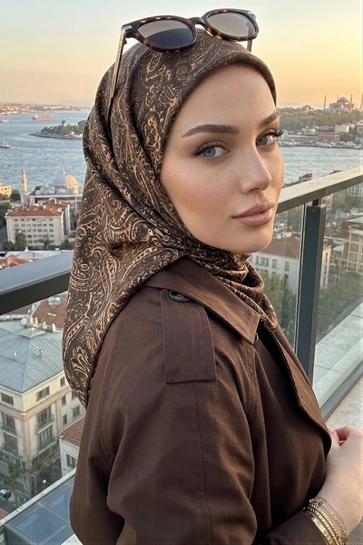 İmajButik وشاح بني بيج تريند ديجيتال تويل- رايون كريستال