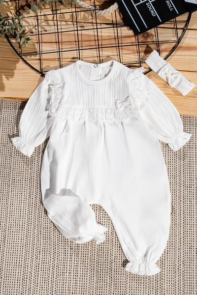 Rocha Baby Kız Bebek Ekru Fitilli Fırfır Detaylı Tulum ve Fiyonklu Saç Bandı ...