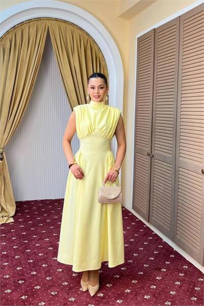 Neşeli Butik γυναικείο κίτρινο φόρεμα με ψηλό γιακά και ντραπέ σχέδιο, με μέσ...