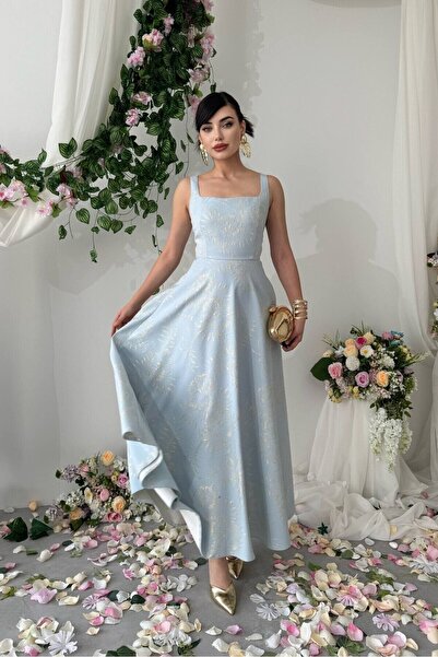 Nils Boutique Askılı Kare Yaka Jakar Desenli Seraphine Midi Elbise