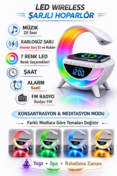 ATLT ATLANTİS ŞARJLI HOPERLÖR 7 LED IŞIKLI BLUETOOTHLU FM RADYO ALARM SAAT ŞA...