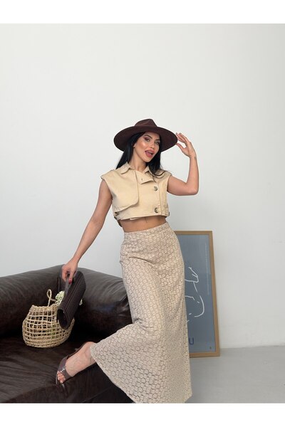 BLUSS Γυναικεία μακριά φούστα με ψηλόμεσο κέντημα από δαντέλα και επένδυση