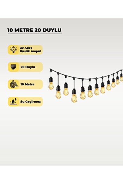 AC AYDINLATMA 10 Metre 20 Duylu Dış Mekan Aydınlatma Seti – Rustik Ampul Dahi...