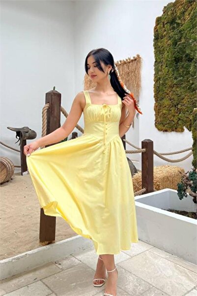 Neşeli Butik Γυναικείο κίτρινο φόρεμα με χοντρές τιράντες, τετράγωνο γιακά κα...