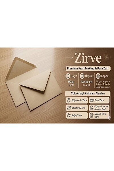 Zirve Zarf Kraft 90 grm. Üçgen Kapaklı Mektup, Para Zarfı 13x18 cm Ağız tutka...