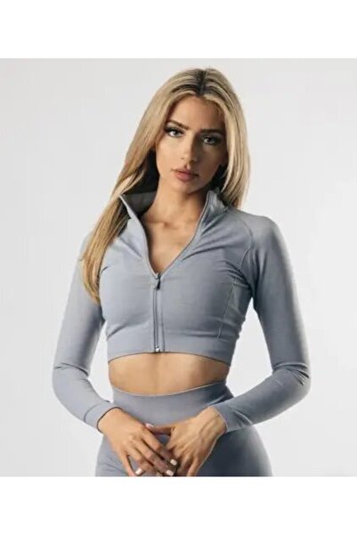 ALPHALETE Fermuarlı Crop Ceket Çelik Grisi