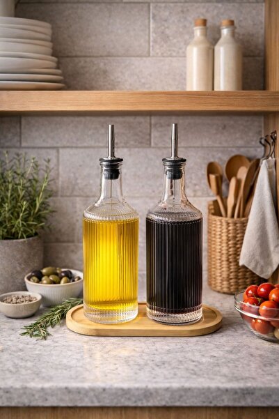 isra kristal Ahşap Stantlı 2'li Cam 750 ml Zeytinyağı Sıvıyağ Şişesi Yağdanlı...
