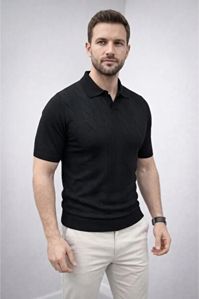 modi Men's Casual Style Black Summer Knitwear Woven Short Sleeve Polo Collar ...