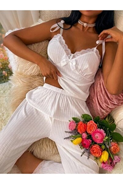 AURASTİL Γυναικείο Σετ Πιτζάμες με Τιράντες, Δαντέλα και Φιόγκο στο Στήθος, Μ...