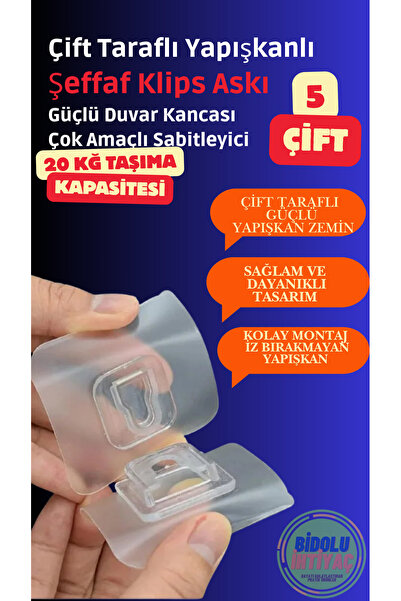 bluvex 5 adet Geçmeli Çift Taraflı Yapışkanlı Klips Eşya Sabitleme Askısı Şef...