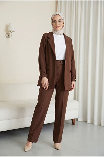 Modamorfo Single Button Pocket Detailed Double Breasted Collar Crepe Suit wit...