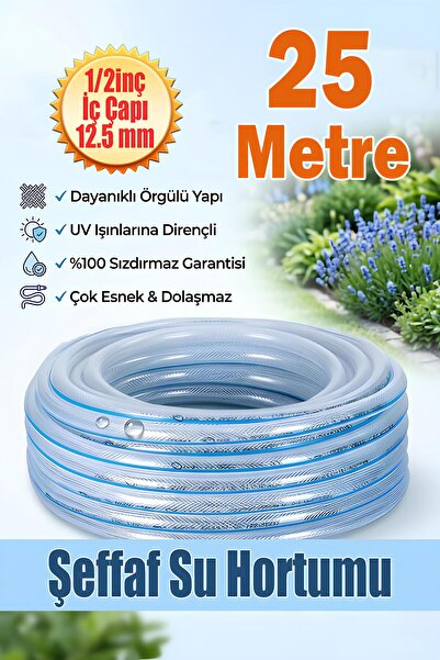 GLASWEN Örgülü Şeffaf Bahçe Hortumu 25 Metre Dayanıklı 3 Katlı Sağlam Çeşme S...