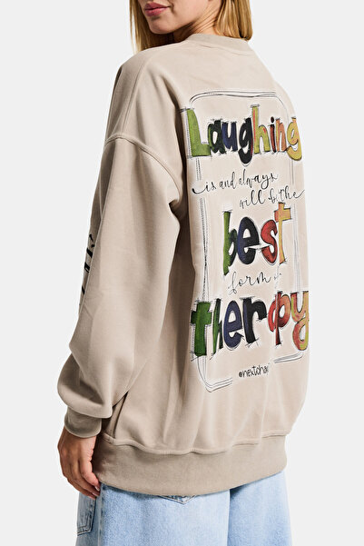 it's basic Γυναικείο φούτερ εκρού μπεζ w5 Oversize με στάμπα από 100% βιολογι...