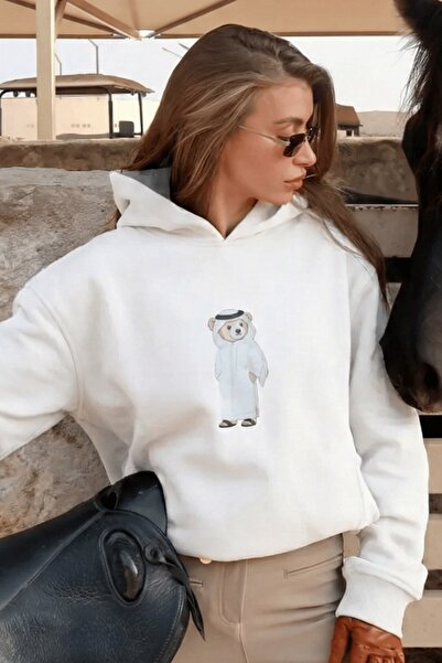 GIA - ART Γυναικείο φούτερ με κουκούλα Qatari Bear White – Με κουκούλα, 3 κλω...