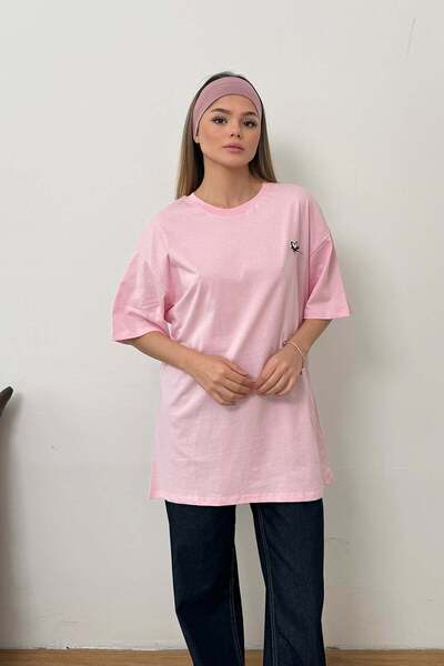 GİYSA Tricou de damă cu gât crew, brodat, 100% bumbac, roz - 26Y 26507
