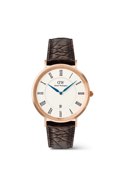 Daniel Wellington Classic Roman Numerals Date Dark Brown Croc Belly Rose G DW...