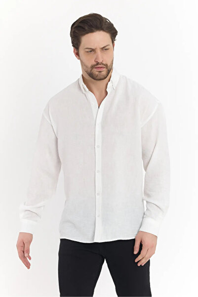 Livik Caos Trend Men's White Linen Textured Long Sleeve Oversize Shirt