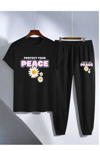 Joetsu Peace Printed T-Shirt - Jogger T-Shirt Crew Neck Bottom Top Tracksuit Set