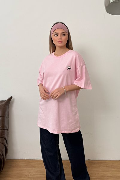 GİYSA Women's Crew Neck Embroidered 100% Cotton T-Shirt Pink - 26Y 26507