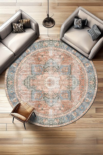 BigArts Home Mavi Kiremit Şönil Vintage Desenli Salon Mutfak Halısı Yuvarlak ...