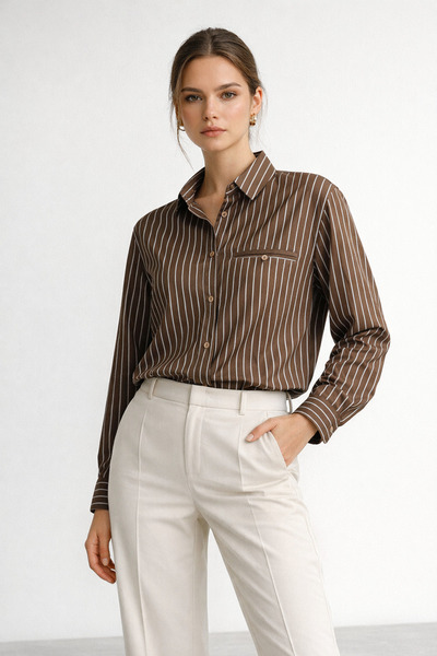 Polo State Γυναικείο πουκάμισο κανονικής εφαρμογής σε καφέ χρώμα με μπλε ρίγε...