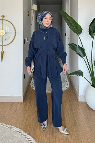 Tesettür Diyarı Σετ Τεσεττούρ με υφασμάτινη ζώνη Mersa Cupra - Ναυτικό μπλε