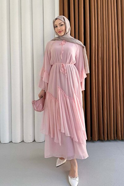 Modaensarbutik Kol Ve Etek Ucu Fırfırlı Tesettüe Elbise-PEMBE