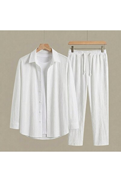 dwnwear Ανδρικό Λευκό Σετ Κοστουμιού Bürümcük - Σετ Παντελόνι και Πουκάμισο γ...