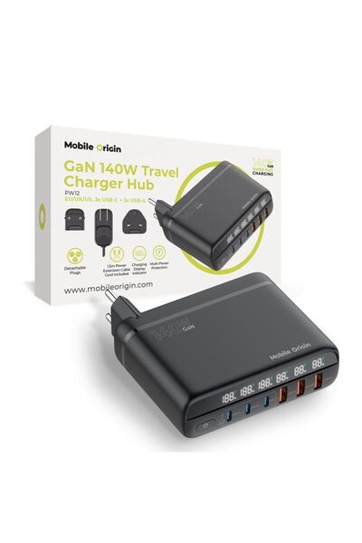Mobile Origin 140W GaN Hub Φορτιστής Ταξιδίου με Αντάπτορες ΕΕ/ΗΒ/ΗΠΑ