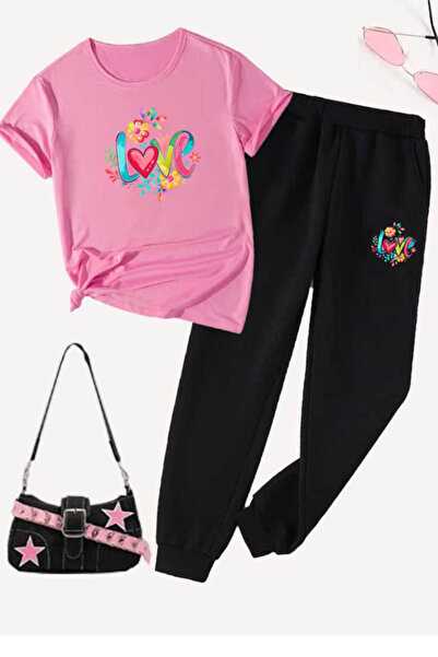 Joetsu Love Printed T-Shirt - Jogger T-Shirt Crew Neck Bottom Top Tracksuit Set
